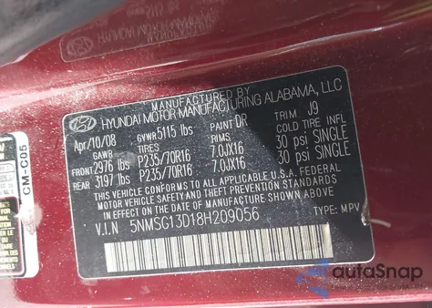 2008 Hyundai Santa Fe Gls z USA, uszkodzony, nr VIN 5NMSG13D18H209056